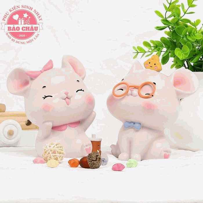 Cặp Chuột Hồng Cute - Phụ Kiện Trang Trí Bánh Kem