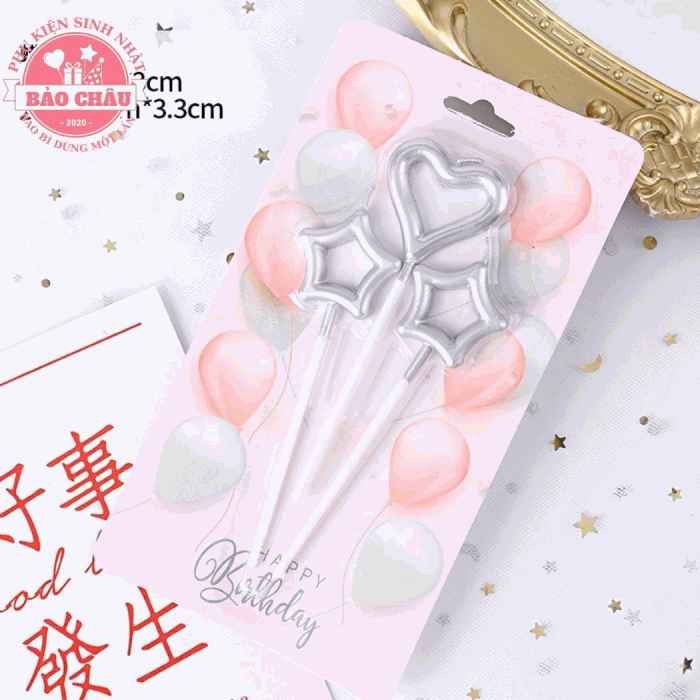 Nến tim sao bạc - Nến sinh nhật hiện đại trang trí bánh, nến sinh nhật hot trend cao cấp (1 vỉ)